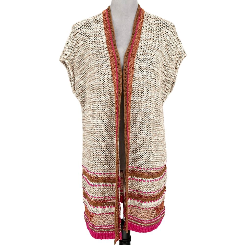 Chicos Sweater 3 Womens XL Beige Pink Gold Metallic Open Cardigan Duster New